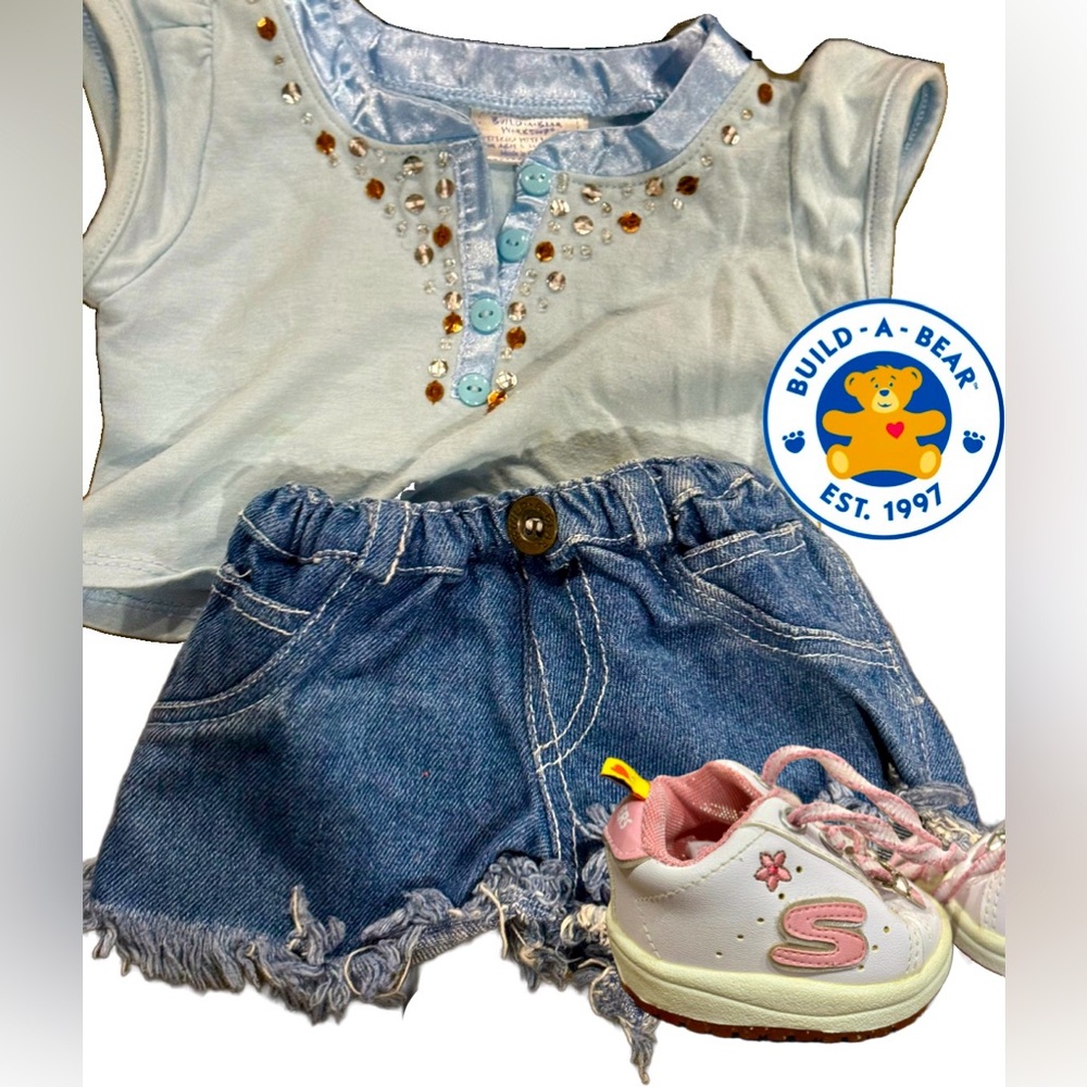 🌺Build-A-Bear Outfit – Sketchers Sneakers, Jean Shorts and Blue, Beaded Top🌸🌺
